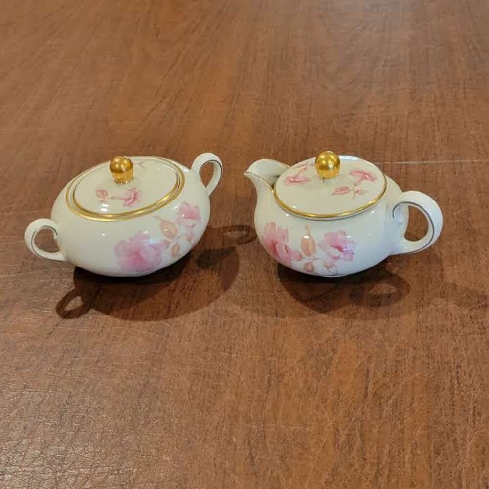 Vintage Furstenberg Germany Porcelain Sugar Bowl Creamer Set Pink Flower 01537